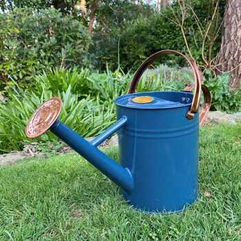 Pair Of Heritage Blue And Copper Watering Cans, 3 of 12