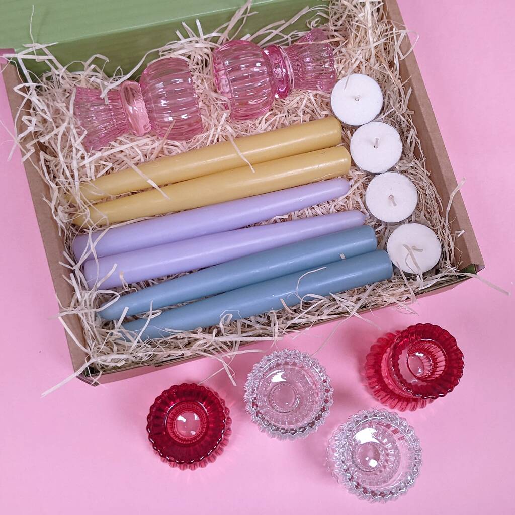 Coloured Double Ended Candlesticks And Candles Gift Set By Dolly's