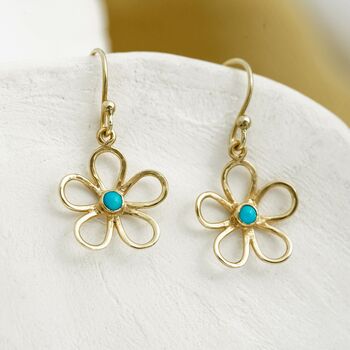 Gold Flower Drop Earrings With American Turquoise, 3 of 5
