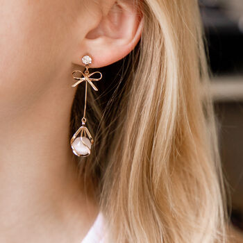 Gold Colour Delicate Bow Drop Earrings, 2 of 3