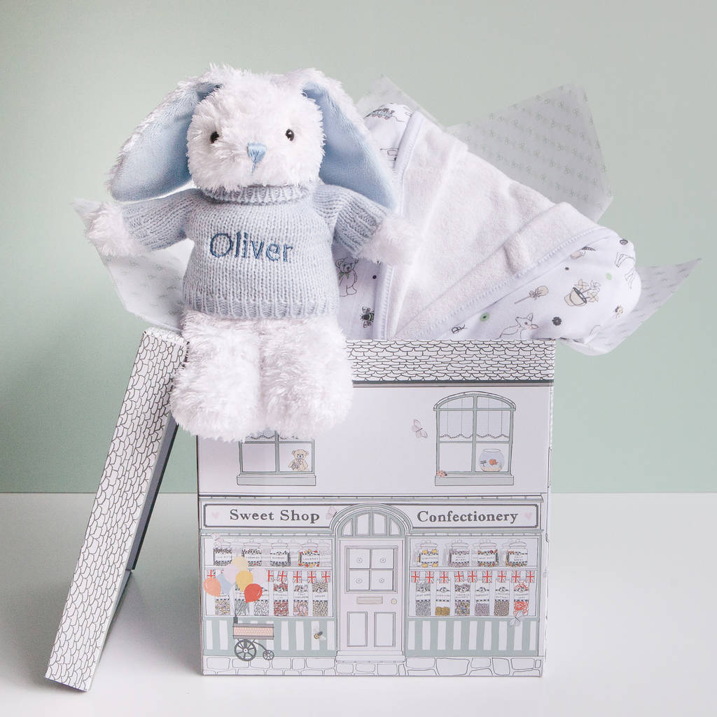 Personalised Baby Boy Bunny And Bathrobe Hamper By Babyblooms