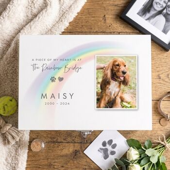 Personalised Rainbow Bridge Pet White Wooden Memorial Keepsake Box 22cm | 27cm | 30cm, 2 of 11