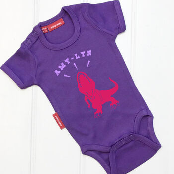 Personalised Roaring Dinosaur Babygrow/Child T Shirt, 3 of 12
