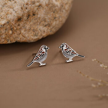 Sterling Silver Enamel Sparrow Stud Earrings, 2 of 12