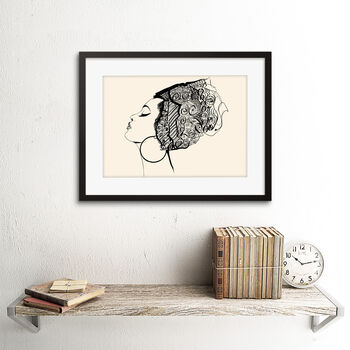 Woman Headdress Black White Sketch Wall Art Print, 2 of 3