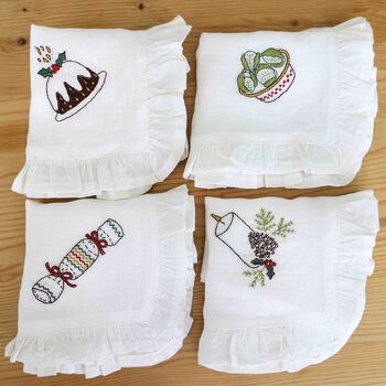 Christmas Linen Napkin Set Embroidery Stitch Craft Kit, 2 of 8