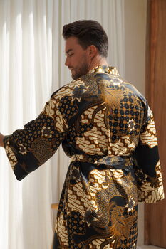 Black Unisex Batik Silk Blend Kimono Robe Jacket, 4 of 10