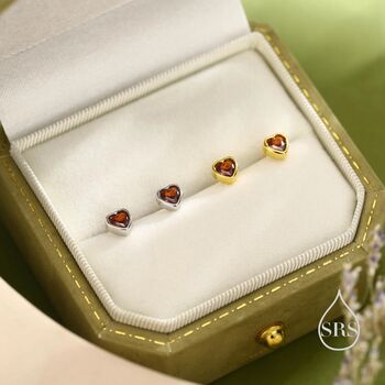 Tiny Garnet Red Cz Heart Stud Earrings, 5 of 12