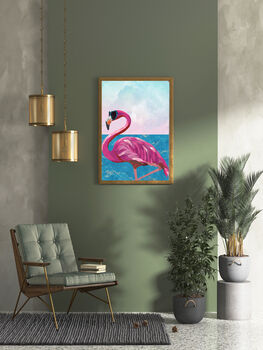 Metallic Gold Pink Flamingo With Beach Sea Scene Print, 2 of 3
