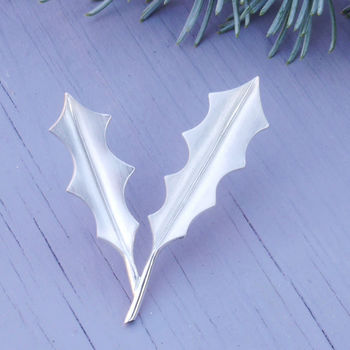 Silver Holly Brooch Brushed Finish, 3 of 8