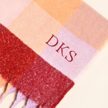 Personalised Burgundy And Peach Check Winter Scarf, 2 of 3