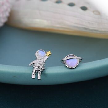 Sterling Silver Mismatched Astronaut And Planet Stud Earrings With Moonstone, 5 of 10