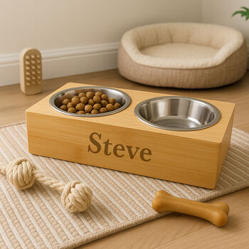 Personalised Dog Wooden Double Feeding Bowl, 2 of 3