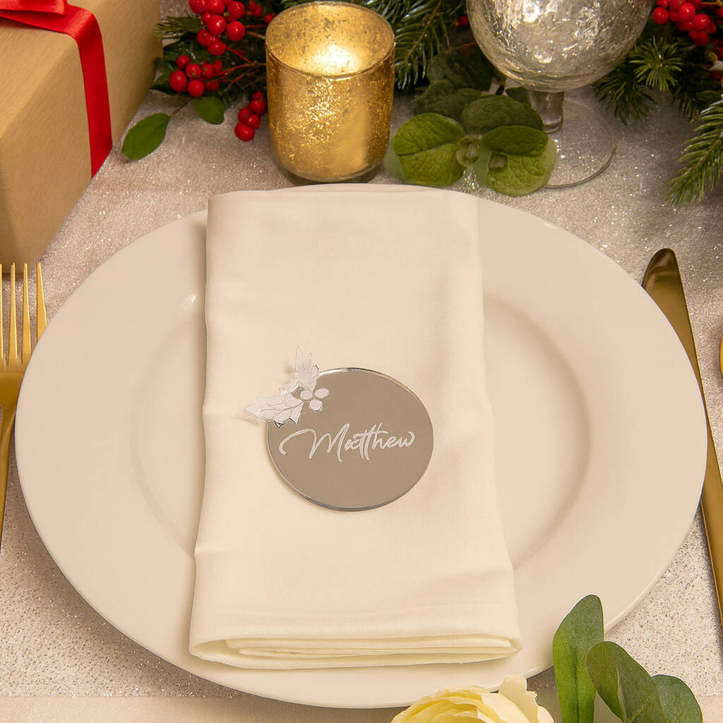 Silver Mirror Christmas Pudding Place Name Decorations Setting, 1 of 4