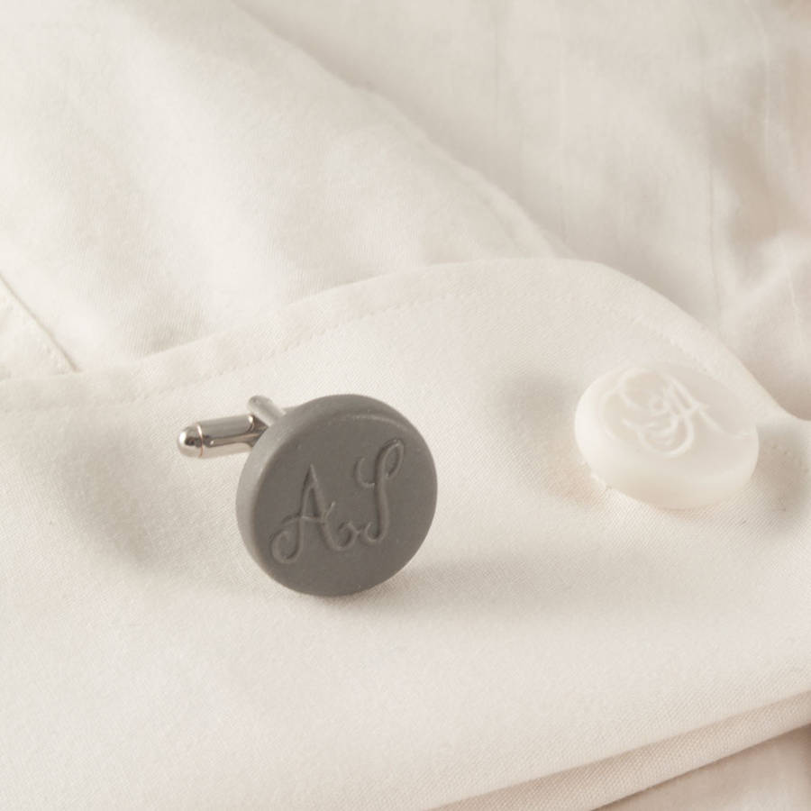 Image of Personalized Initial Monogram Round Cufflinks, White/Grey/Ecru