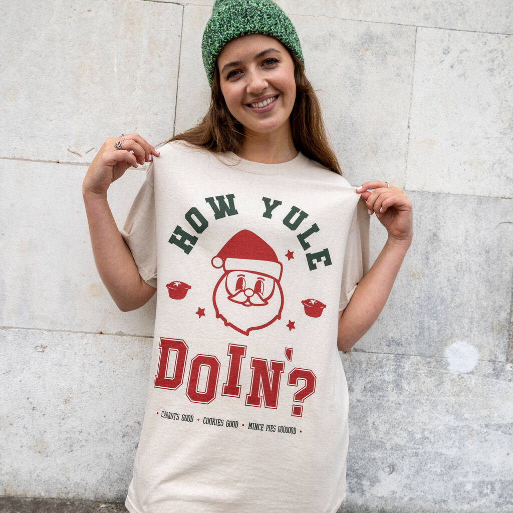 How Yule Doin' Women's Christmas T Shirt In Sand, 1 of 4