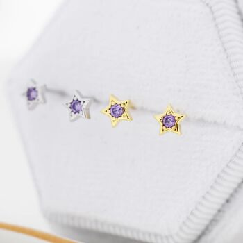 Tiny Amethyst Purple Cz Star Stud Earrings, 4 of 11