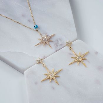Petite Star Burst Drop Earring Gold Plated Silver, 2 of 6