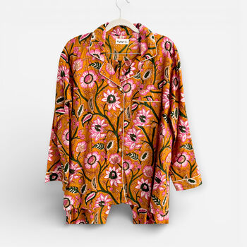 Mustard Yellow Block Print Floral 100% Cotton Ladies Pyjamas, 3 of 4