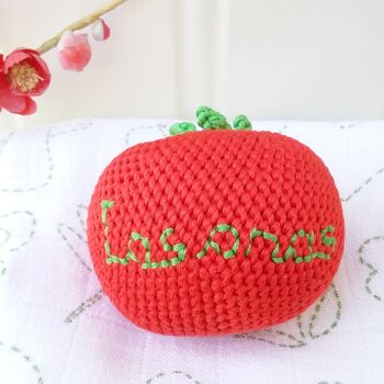 Personalised Crocheted Tomato Rattle New Baby Gift, 6 of 7