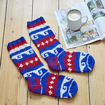 Fair Trade Hand Knitted Scandi Woollen Socks Size Large, 3 of 4