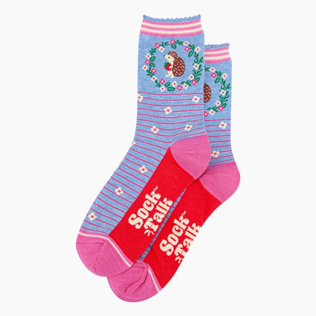 Women's Bamboo Socks Blue Hedgehog Wreath Strawberry, 1 of 4