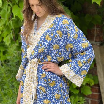 Long Kimono Jaipur Blue And Yellow Fabric, 3 of 4