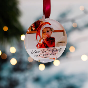 Personalised Baby's First Christmas Photo Bauble 2022, 5 of 10