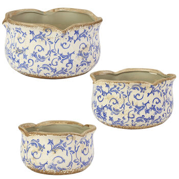 Set Of Three Blue Scalloped Patterned Planters, 2 of 5