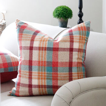 Mulberry And Orange Check Wool Cushion, 4 of 4