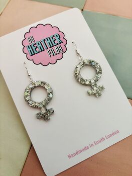 Silver Feminist Sign Glitter Earrings / Girl Power Jewellery / Empowered Woman Statement / International Women's Day Gift, 3 of 5