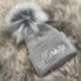 Embroidered Grey Single Pom Pom Knitted Baby Hat, thumbnail 5 of 9