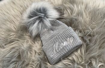Embroidered Grey Single Pom Pom Knitted Baby Hat, 5 of 9