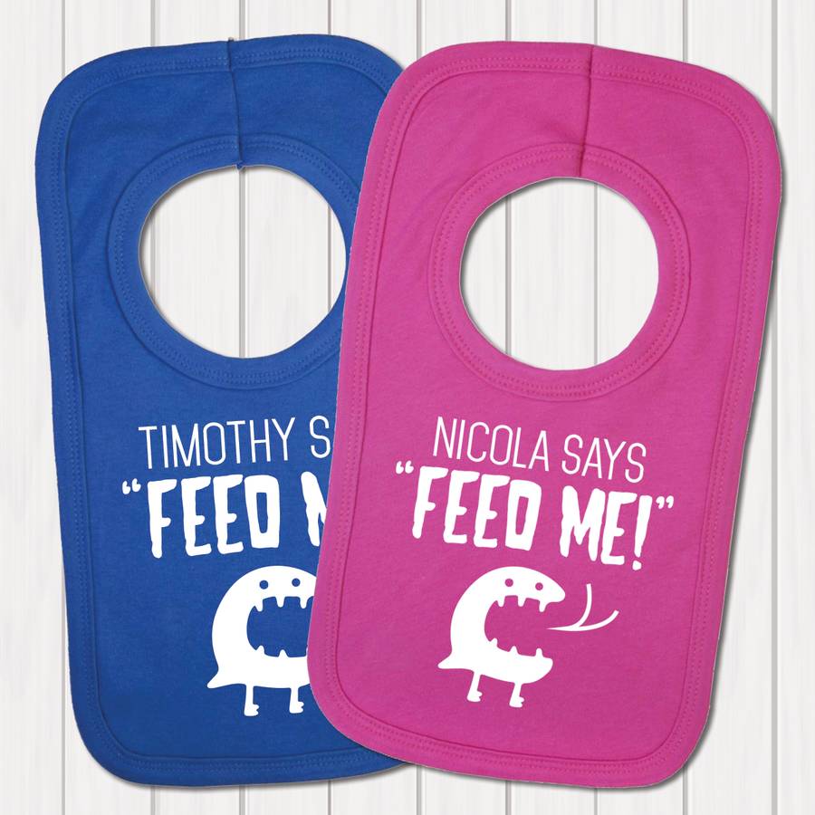 Personalised 'Baby Says Feed Me' Baby Bib, 1 of 8