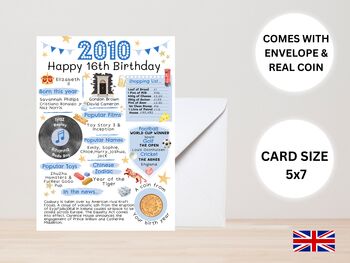 16th Birthday Card With 2010 Coin And Envelope Choose Your Colour, 2 of 3