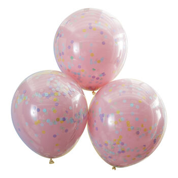 Double Layer Pink And Pastel Rainbow Confetti Balloons, 2 of 3