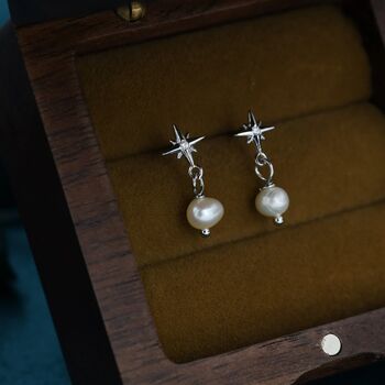 Tiny Starburst And Dangle Pearl Stud Earrings, 3 of 11