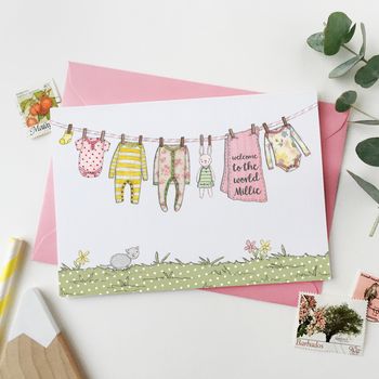 Personalised Pink New Baby Washing Line Card, 6 of 6