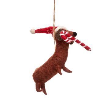 Sausage Dog With Candy Cane Felt Hanging Decoration, 2 of 2