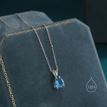 Sterling Silver Aquamarine Blue Cz Pear Cut Pendant Necklace, 6 of 12
