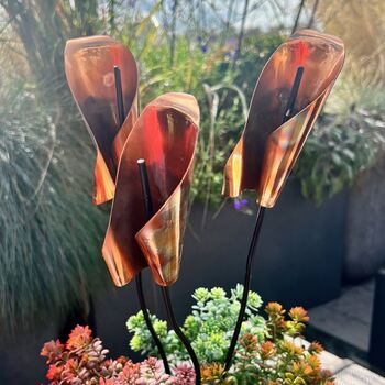 Set Of Three Copper Lily Garden Planter Stakes, 7 of 10
