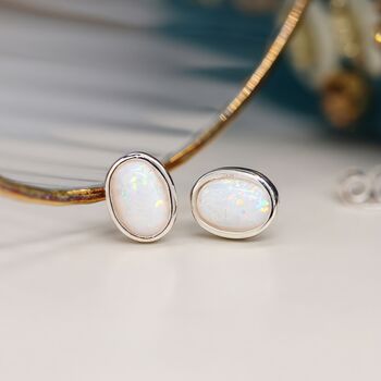 Oval Sterling Silver White Opal Stud Earrings, 3 of 10