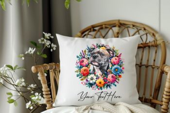 Personalised Staffordshire Bull Terrier Summer Floral Dog Wreath Cushion And Mug Bundle, 4 of 4