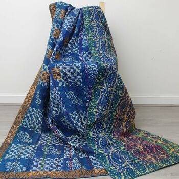 Indigo Blue Patchwork Kantha Quilt Single Bed, 9 of 9