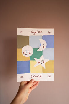 Personalised Illustrated Name Print With Moons And Stars And Patchwork, 7 of 11