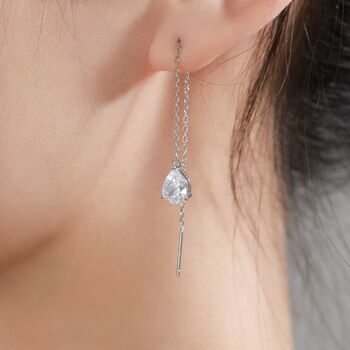 Sterling Silver Pear Cut Cz Droplet Threader Earrings, 5 of 11