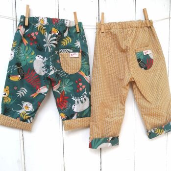 Reversible Baby Kids Cotton Jungle Sloth Trousers, 5 of 11