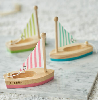Personalised Set Of Three Wooden Sail Boats, 2 of 5