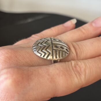 Aztec Pattern Silver Disc Adjustable Ring, 7 of 10