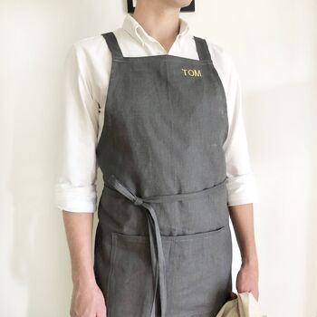 Personalised Charcoal Grey 100% Linen Pinafore Apron, 3 of 11
